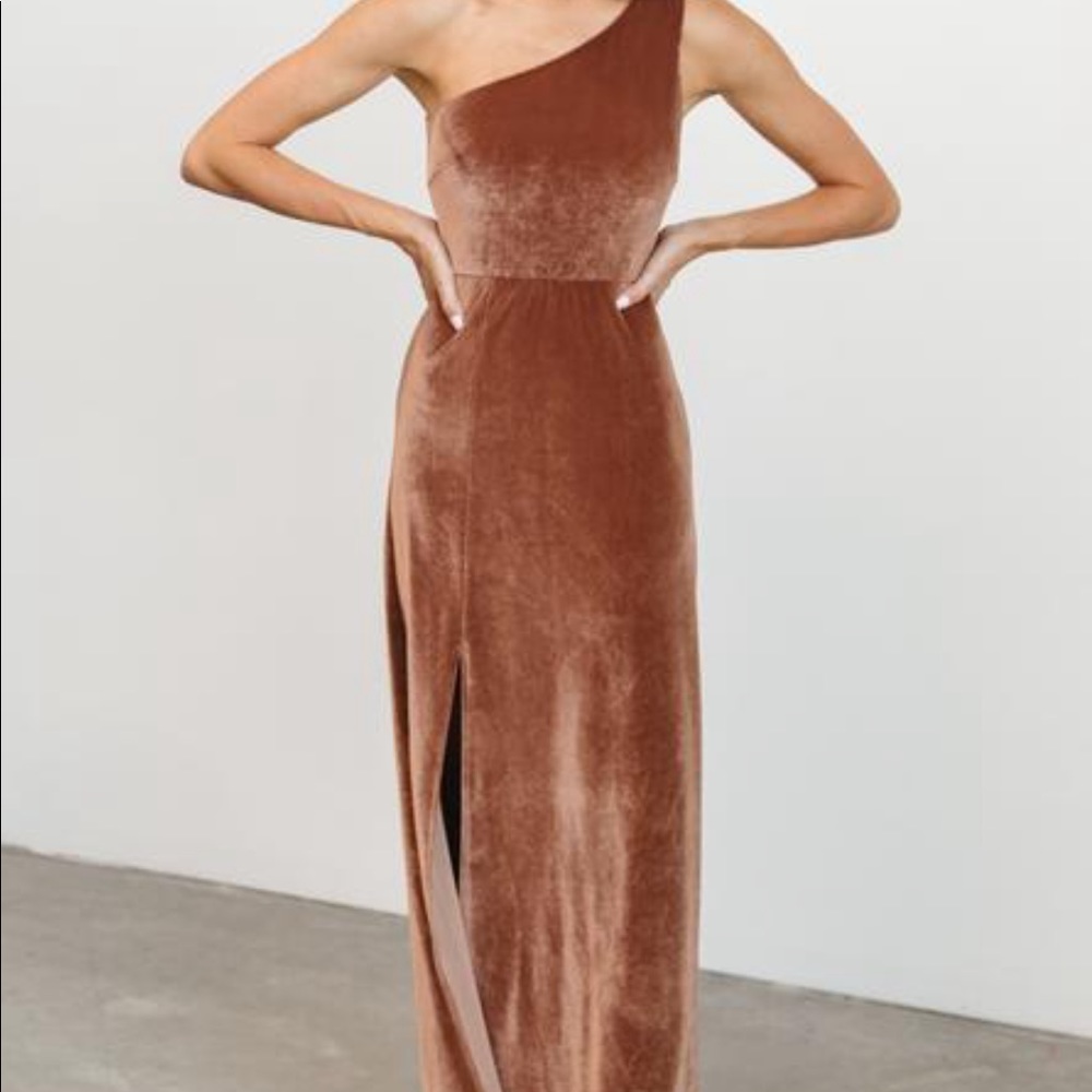 Baltic born bronze on shoulder dress